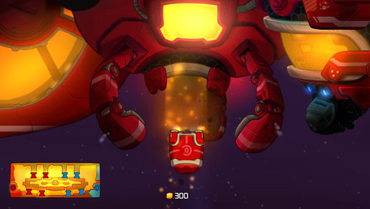 Each spawn in Awesomenauts launches player characters from an overhead spaceship - the descent allows players to collect extra Solar.